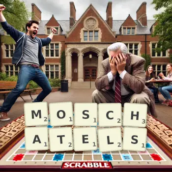 Creative illustration for a Scrabble game with the word MOSCHATELS spelled out in tiles on the board.
