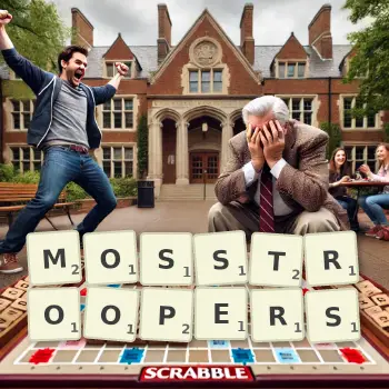 Creative illustration for a Scrabble game with the word MOSSTROOPERS spelled out in tiles on the board.