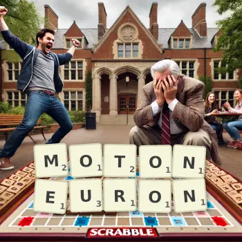 Creative illustration for a Scrabble game with the word MOTONEURON spelled out in tiles on the board.