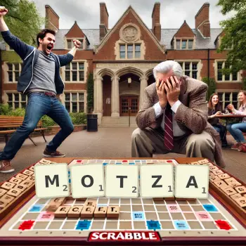 Creative illustration for a Scrabble game with the word MOTZA spelled out in tiles on the board.