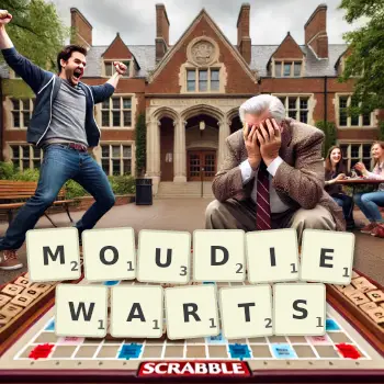 Creative illustration for a Scrabble game with the word MOUDIEWARTS spelled out in tiles on the board.