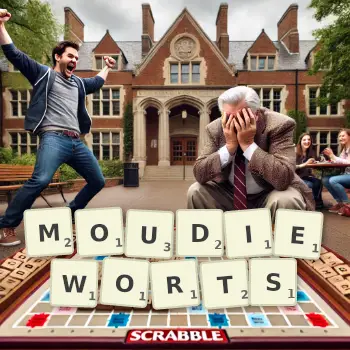 Creative illustration for a Scrabble game with the word MOUDIEWORTS spelled out in tiles on the board.
