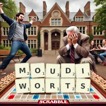Creative illustration for a Scrabble game with the word MOUDIWORTS spelled out in tiles on the board.