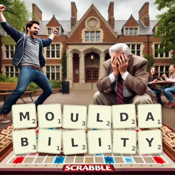 Creative illustration for a Scrabble game with the word MOULDABILITY spelled out in tiles on the board.