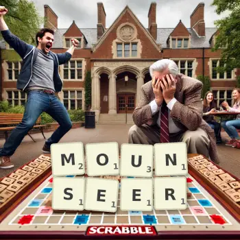 Creative illustration for a Scrabble game with the word MOUNSEER spelled out in tiles on the board.