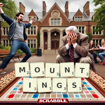 Creative illustration for a Scrabble game with the word MOUNTINGS spelled out in tiles on the board.