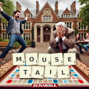 Creative illustration for a Scrabble game with the word MOUSETAIL spelled out in tiles on the board.