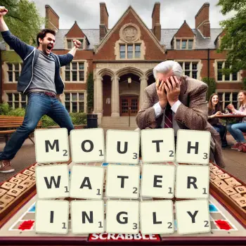 Creative illustration for a Scrabble game with the word MOUTHWATERINGLY spelled out in tiles on the board.
