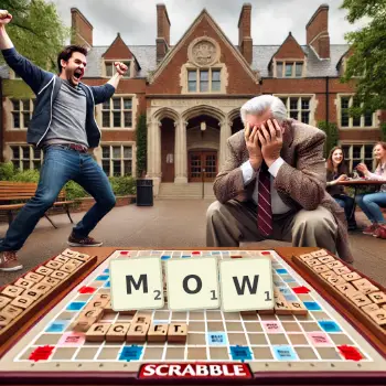 Creative illustration for a Scrabble game with the word MOW spelled out in tiles on the board.