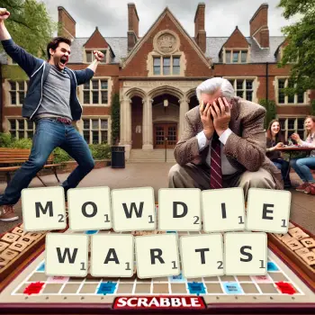 Creative illustration for a Scrabble game with the word MOWDIEWARTS spelled out in tiles on the board.