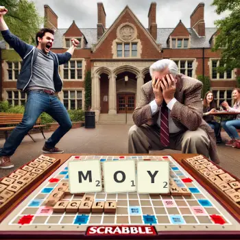 Creative illustration for a Scrabble game with the word MOY spelled out in tiles on the board.