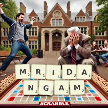 Creative illustration for a Scrabble game with the word MRIDANGAM spelled out in tiles on the board.