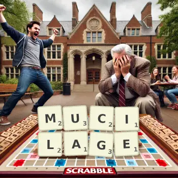 Creative illustration for a Scrabble game with the word MUCILAGE spelled out in tiles on the board.