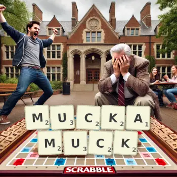 Creative illustration for a Scrabble game with the word MUCKAMUCK spelled out in tiles on the board.