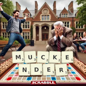 Creative illustration for a Scrabble game with the word MUCKENDER spelled out in tiles on the board.