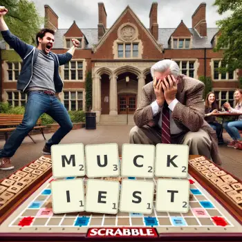 Creative illustration for a Scrabble game with the word MUCKIEST spelled out in tiles on the board.
