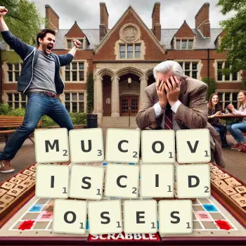 Creative illustration for a Scrabble game with the word MUCOVISCIDOSES spelled out in tiles on the board.