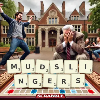 Creative illustration for a Scrabble game with the word MUDSLINGERS spelled out in tiles on the board.