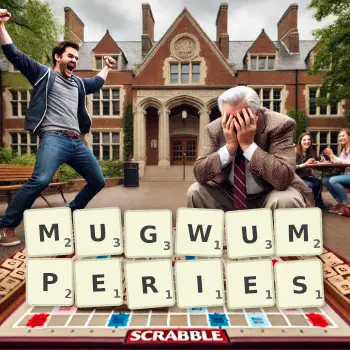 Creative illustration for a Scrabble game with the word MUGWUMPERIES spelled out in tiles on the board.