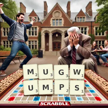 Creative illustration for a Scrabble game with the word MUGWUMPS spelled out in tiles on the board.