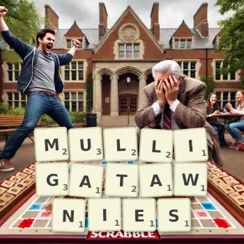 Creative illustration for a Scrabble game with the word MULLIGATAWNIES spelled out in tiles on the board.