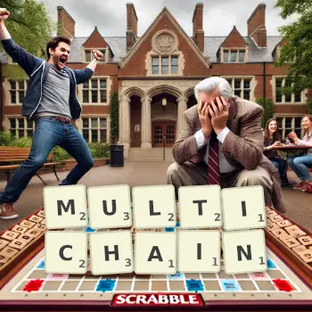 Creative illustration for a Scrabble game with the word MULTICHAIN spelled out in tiles on the board.
