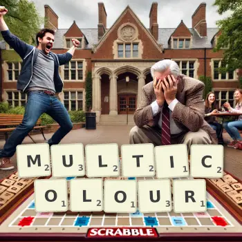 Creative illustration for a Scrabble game with the word MULTICOLOUR spelled out in tiles on the board.