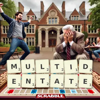 Creative illustration for a Scrabble game with the word MULTIDENTATE spelled out in tiles on the board.