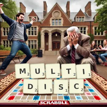 Creative illustration for a Scrabble game with the word MULTIDISC spelled out in tiles on the board.