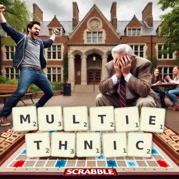 Creative illustration for a Scrabble game with the word MULTIETHNIC spelled out in tiles on the board.