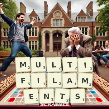 Creative illustration for a Scrabble game with the word MULTIFILAMENTS spelled out in tiles on the board.