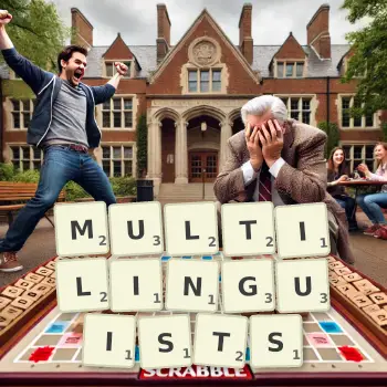 Creative illustration for a Scrabble game with the word MULTILINGUISTS spelled out in tiles on the board.