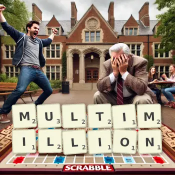 Creative illustration for a Scrabble game with the word MULTIMILLION spelled out in tiles on the board.