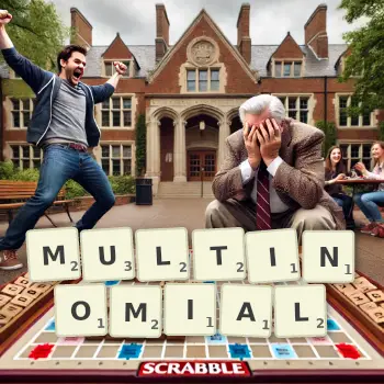 Creative illustration for a Scrabble game with the word MULTINOMIAL spelled out in tiles on the board.