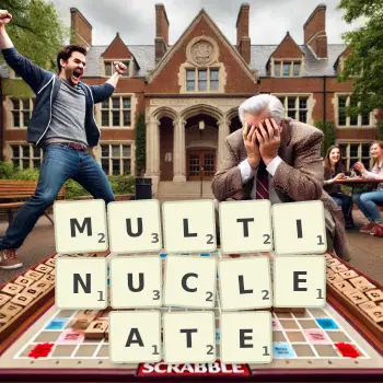 Creative illustration for a Scrabble game with the word MULTINUCLEATE spelled out in tiles on the board.