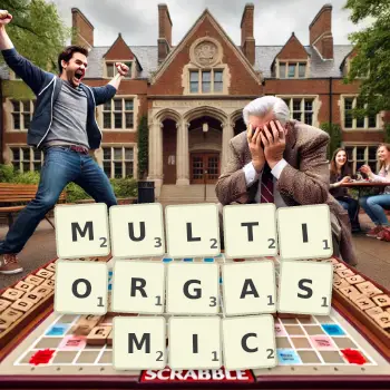 Creative illustration for a Scrabble game with the word MULTIORGASMIC spelled out in tiles on the board.
