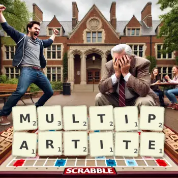 Creative illustration for a Scrabble game with the word MULTIPARTITE spelled out in tiles on the board.