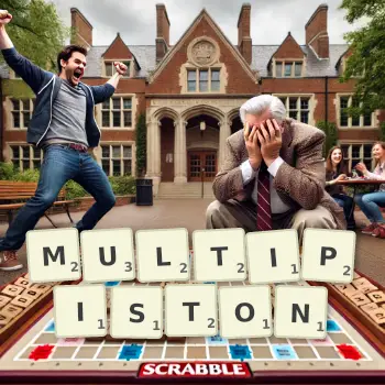 Creative illustration for a Scrabble game with the word MULTIPISTON spelled out in tiles on the board.