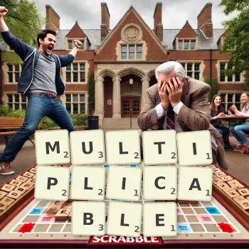 Creative illustration for a Scrabble game with the word MULTIPLICABLE spelled out in tiles on the board.