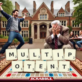 Creative illustration for a Scrabble game with the word MULTIPOTENT spelled out in tiles on the board.