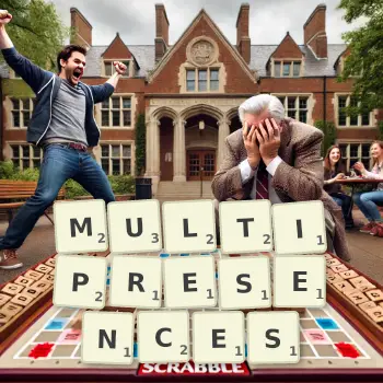 Creative illustration for a Scrabble game with the word MULTIPRESENCES spelled out in tiles on the board.