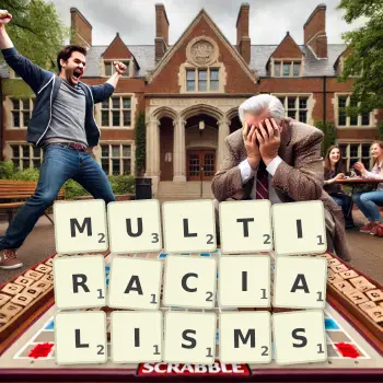 Creative illustration for a Scrabble game with the word MULTIRACIALISMS spelled out in tiles on the board.