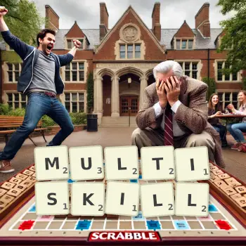 Creative illustration for a Scrabble game with the word MULTISKILL spelled out in tiles on the board.