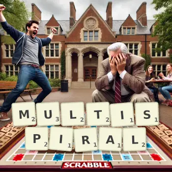 Creative illustration for a Scrabble game with the word MULTISPIRAL spelled out in tiles on the board.