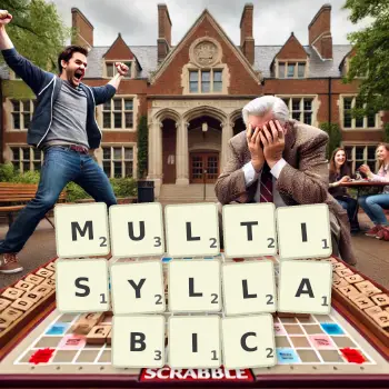 Creative illustration for a Scrabble game with the word MULTISYLLABIC spelled out in tiles on the board.