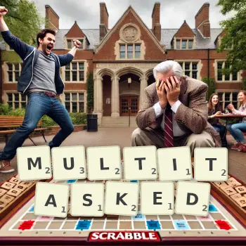 Creative illustration for a Scrabble game with the word MULTITASKED spelled out in tiles on the board.