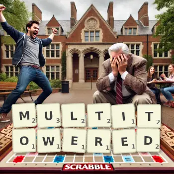 Creative illustration for a Scrabble game with the word MULTITOWERED spelled out in tiles on the board.