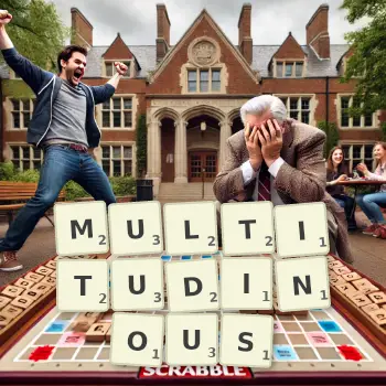 Creative illustration for a Scrabble game with the word MULTITUDINOUS spelled out in tiles on the board.