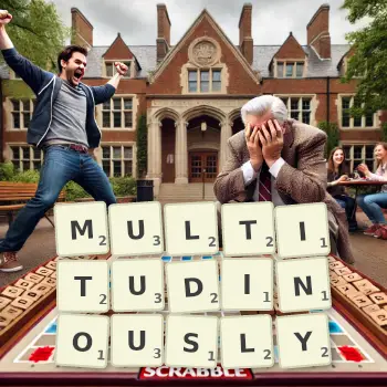 Creative illustration for a Scrabble game with the word MULTITUDINOUSLY spelled out in tiles on the board.