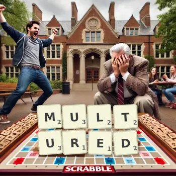 Creative illustration for a Scrabble game with the word MULTURED spelled out in tiles on the board.
